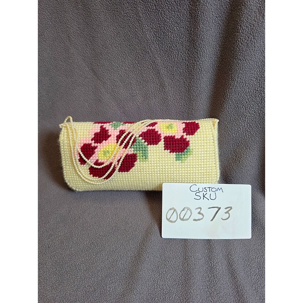 Floral Needlepoint Clutch Purse Cream Beaded Strap Handmade Cottagecore Bag